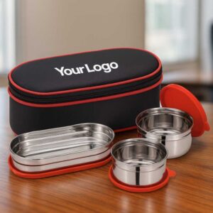 3 steel container black and red lunchbox wide displayed on office table