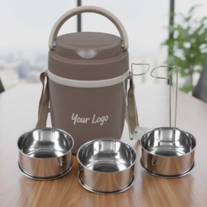 3 steel containers inner steel insulated lunch box brown displayed on office table