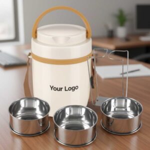 3 steel containers inner steel insulated lunch box off white displayed on office table