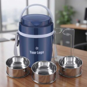 3 steel containers inner steel insulated lunchbox blue displayed on office table