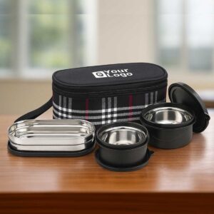 black 3 containers microwave safe lunchbox displayed on office table