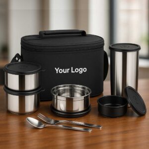 black lunchbox 3 steel container 1 steel tumbler 1 plastic containers displayed on office table