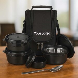 black microwave safe lunchbox 3 containers spoon fork displayed on office table