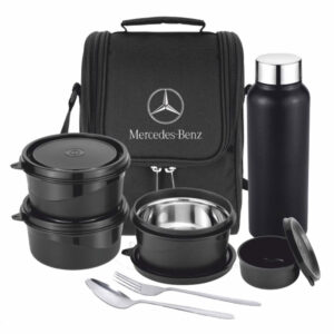 black microwave safe lunchbox with bottle spoon fork