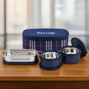 blue 3 containers microwave safe lunchbox displayed on office table