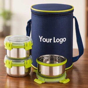 blue and green 3 leak proof containers lunchbox displayed on office table