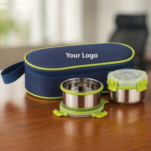 blue and green leakproof 2 containers lunchbox displayed on office table