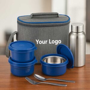 blue and grey microwave safe lunchbox with bottle spoon fork displayed on office table