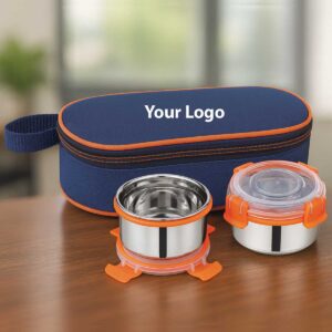 blue and orange 2 containers leakproof lunchbox displayed on office table