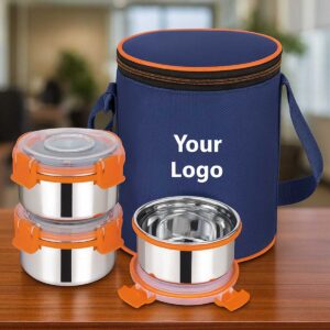 blue and orange 3 leak proof containers lunchbox displayed on office table