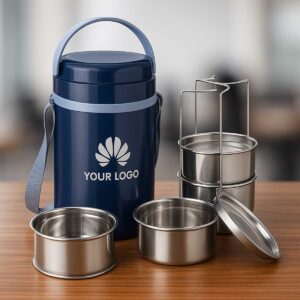 blue inner steel insulated lunch box 4 steel containers displayed on office table