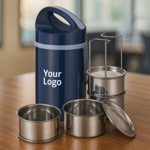 blue inner steel insulated lunch box 4 steel containers leakproof displayed on office table