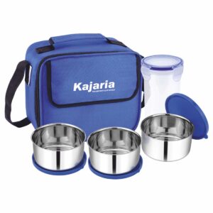 Corporate Gift Lunch Box with Logo – 3 Steel Containers + Plastic Tumbler with Carry Bag (LB-46B Smart Meal)