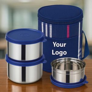 blue lunchbox 3 steel containers displayed on office table