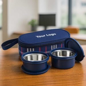 blue microwave safe 2 containers lunchbox displayed on office table