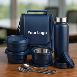 blue microwave safe lunchbox with bottle spoon fork displayed on office table