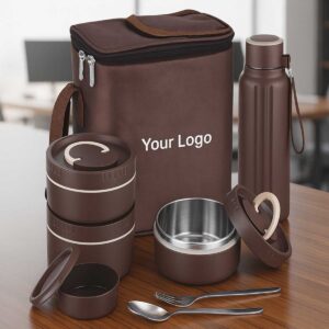brown inner steel insulated lunchbox 3 containers bottle fork spoon displayed on office table