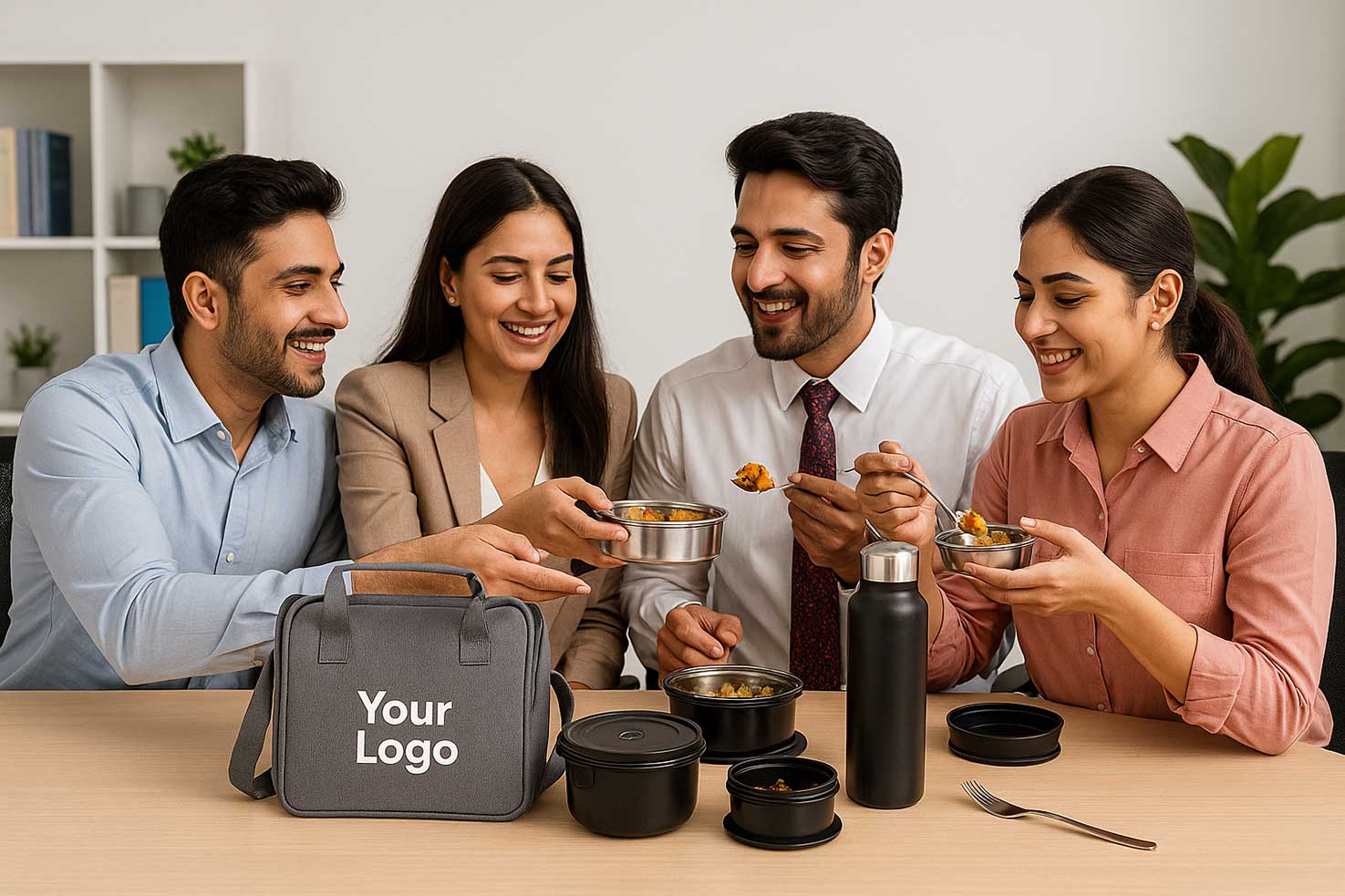 custom printed lunch box displayed in office employees sharing food