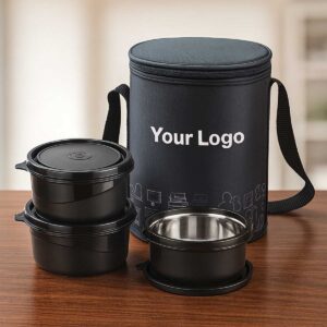 dark grey 3 containers microwave safe lunchbox displayed on office table