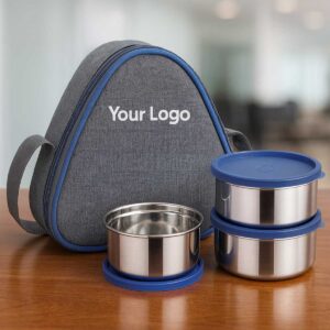 grey and blue lunchbox 3 steel containers leakproof displayed on office table
