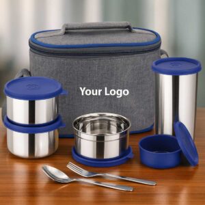 grey lunchbox 3 steel container 1 steel tumbler 1 plastic containers displayed on office table