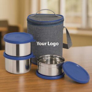 grey lunchbox 3 steel containers displayed on office table