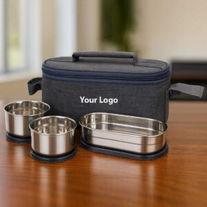 grey lunchbox 3 steel containers leakproof displayed on office table wide