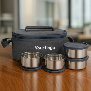 grey lunchbox 4 steel containers leakproof displayed on office table