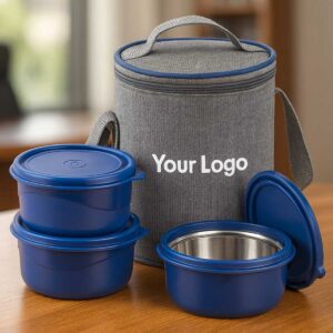 grey microwave safe 3 containers lunchbox displayed on office table