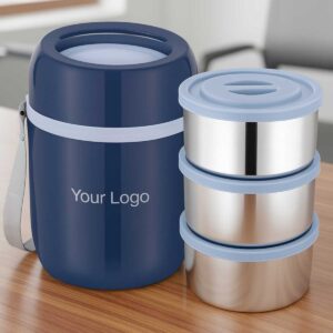 inner steal insulated lunchbox blue 3 steeel containers leakproof lid displayed on office table