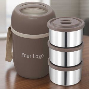 inner steal insulated lunchbox brown 3 steel containers leakproof lid displayed on office table