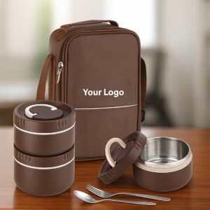 inner steel insulated lunchbox 3 containers fork spoon with bag displayed on office table