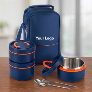 inner steel insulated blue lunchbox 3 containers fork spoon with bag displayed on office table