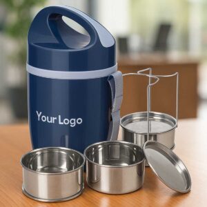 inner steel insulated lunchbox 3 steel containers blue displayed on office table