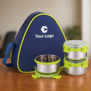 leak proof 3 containers lunchbox blue and green displayed on office table