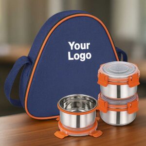 leak proof 3 containers lunchbox blue and orange displayed on office table