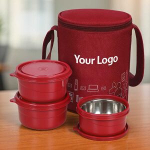 mahroon microwave safe 3 containers lunchbox displayed on office table