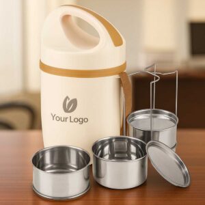 off white inner steel insulated lunch box 3 steel containers displayed on office table