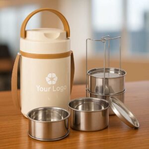 off white inner steel insulated lunch box 4 steel containers displayed on office table