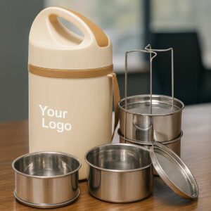 off white inner steel insulated lunch box 4 steel containers leakproof displayed on office table