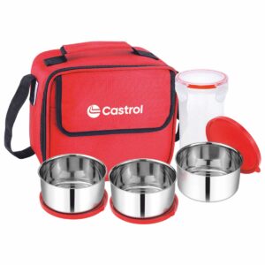 Red Lunch Box with 3 Steel Containers + 1 Plastic Tumbler – LB-46A Smart Meal