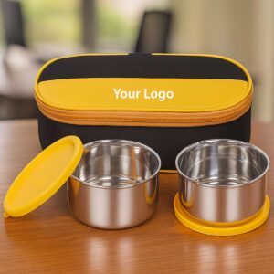 yellow black lunchbox 2 steal containers leakproof displayed on office table
