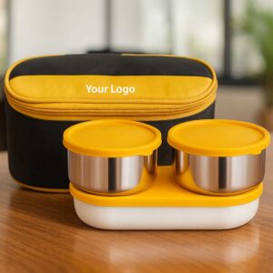 yellow black lunchbox 3 steel containers leakproof lids displayed on office table