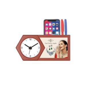 Brown Matt Desk Clock with Mobile Stand and Pen Holder | Multi-Function Executive Gift