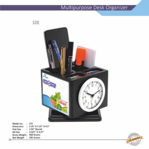 A black, cube-shaped custom branded desk organizer with multiple compartments for stationery, an integrated analog clock, and a slot for a mobile phone.
