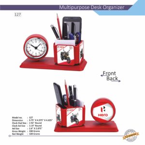 A red custom logo desktop organizer with an integrated analog clock, a mobile phone holder, and multiple compartments for stationery. The image shows the organizer from the front and back, with a brand logo visible on the organizer and the clock face.