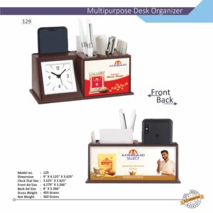 A branded desk organizer with clock, featuring a mobile phone stand and multiple compartments for stationery.