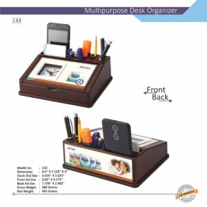 A brown customized desktop organizer with clock, featuring a business card holder, phone stand, and multiple compartments for stationery.