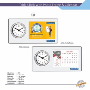 A white customized table clock with photo frame and a calendar, featuring a brand logo and an analog clock.