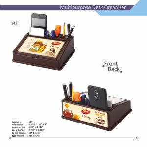 A blue customized desk organizer with phone stand, featuring multiple compartments and a branded logo on the front.